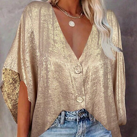 Tops - Champagne Casual Women's Loose Fit Drop Shoulder Shirt